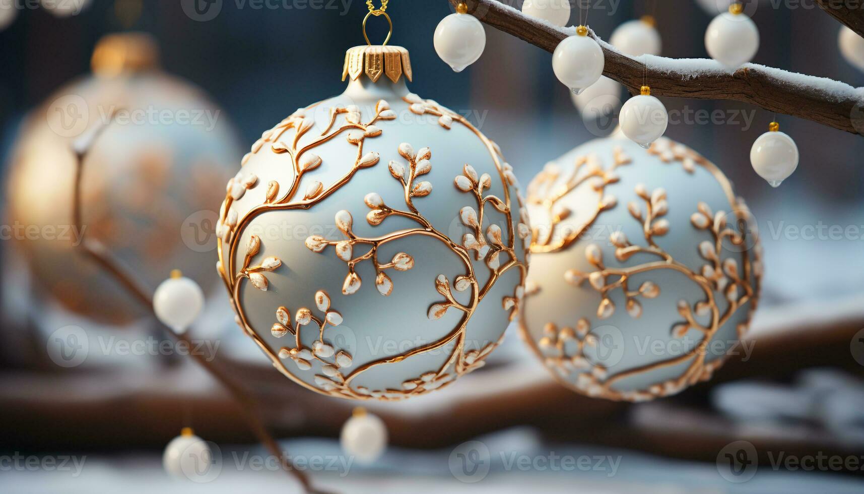 AI generated Glowing gold ornament decorates winter tree, bringing joy and celebration generated by AI photo