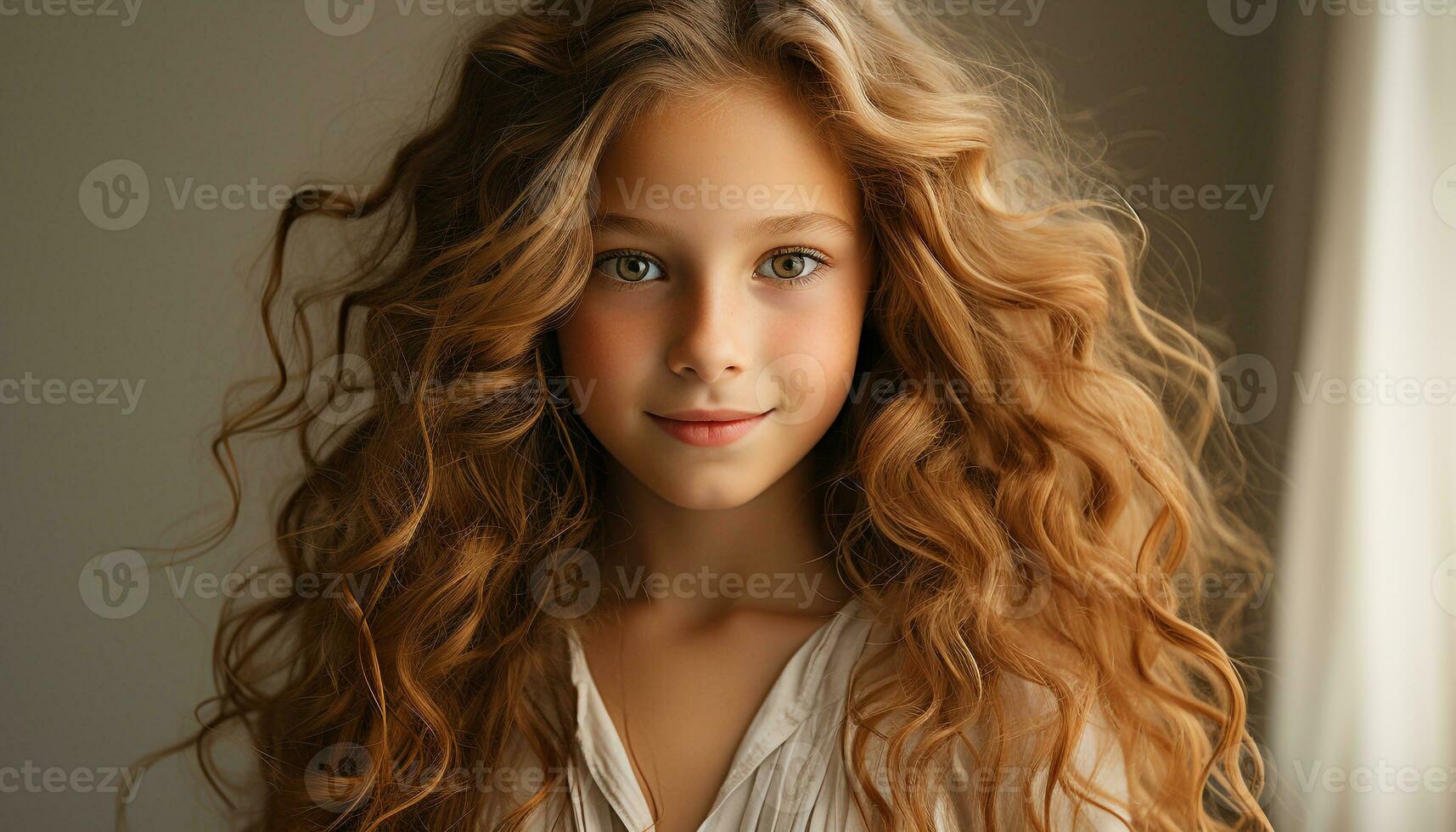 AI generated Cute, smiling girl with curly hair looking at camera indoors generated by AI photo