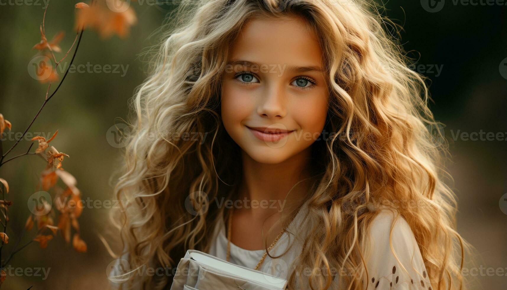 AI generated Smiling girl in nature, enjoying autumn beauty and happiness generated by AI photo