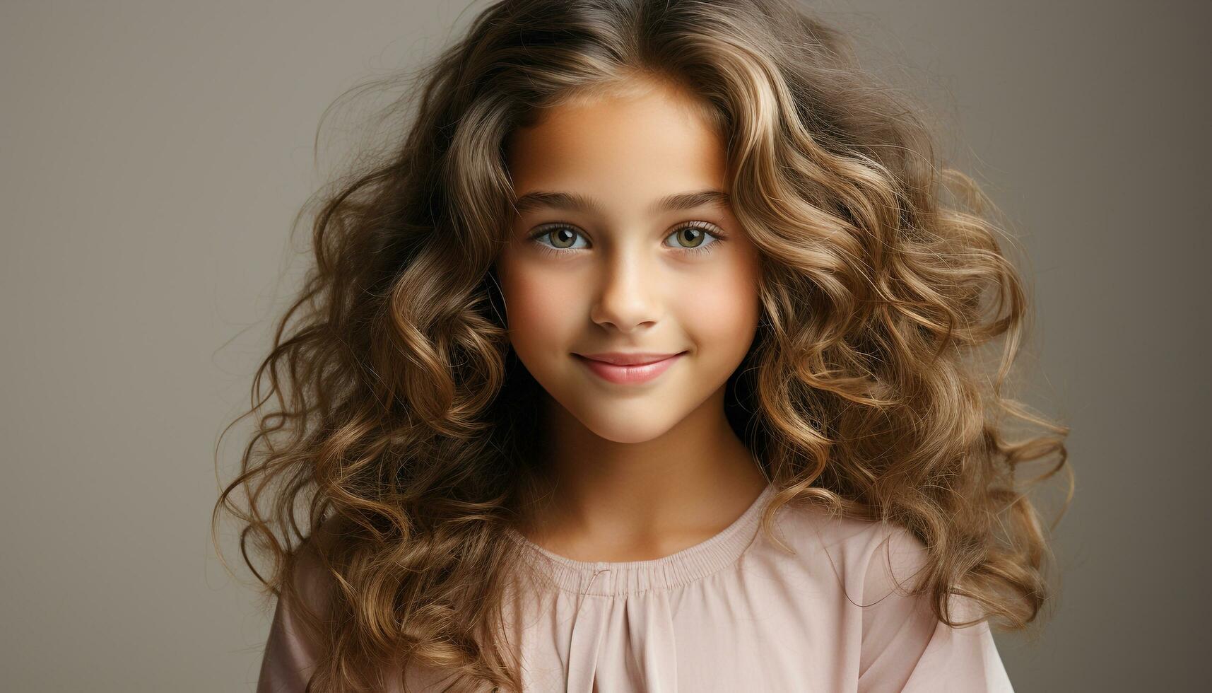 AI generated Cute curly haired girl smiling, looking at camera with happiness generated by AI photo