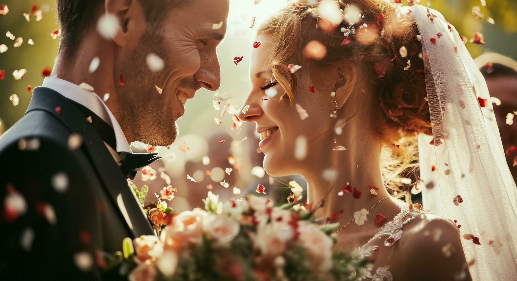 AI generated an old bride and groom have ton of confetti thrown at them photo