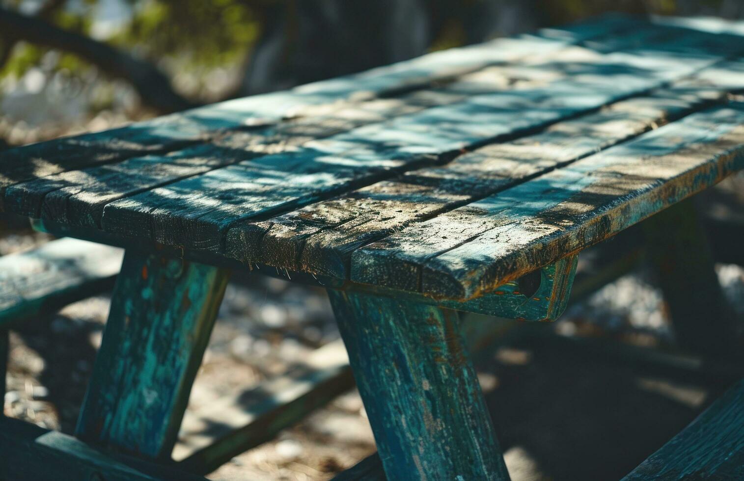 AI generated an old picnic table is set outside photo