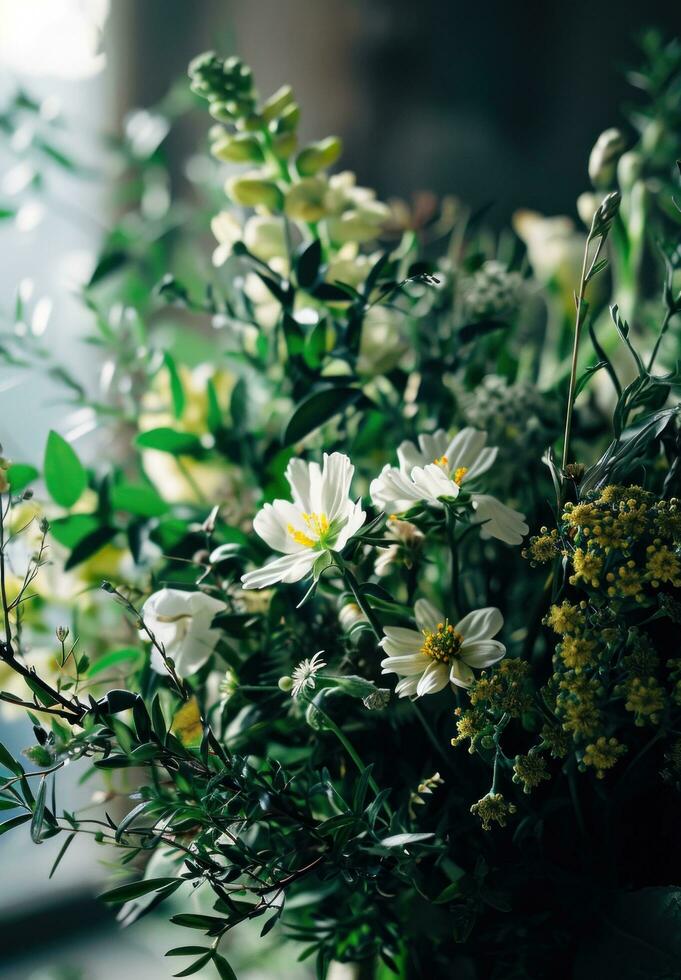 AI generated bouquets of different greens and white flowers for a wedding photo
