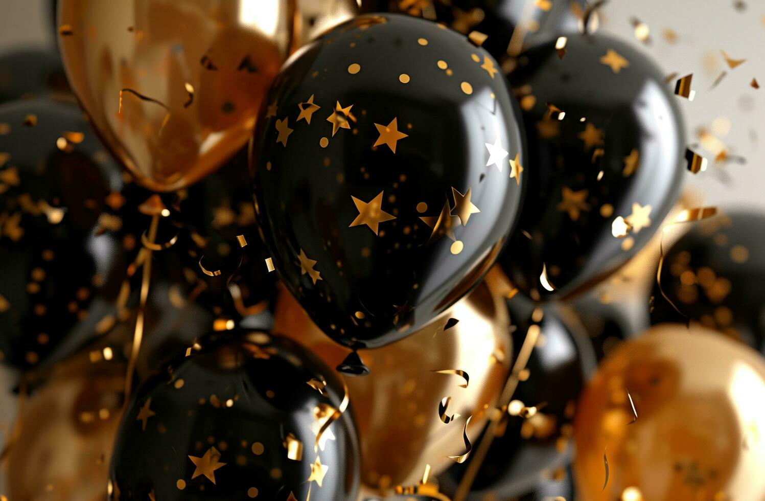 AI generated birthday party background with black and gold balloons photo