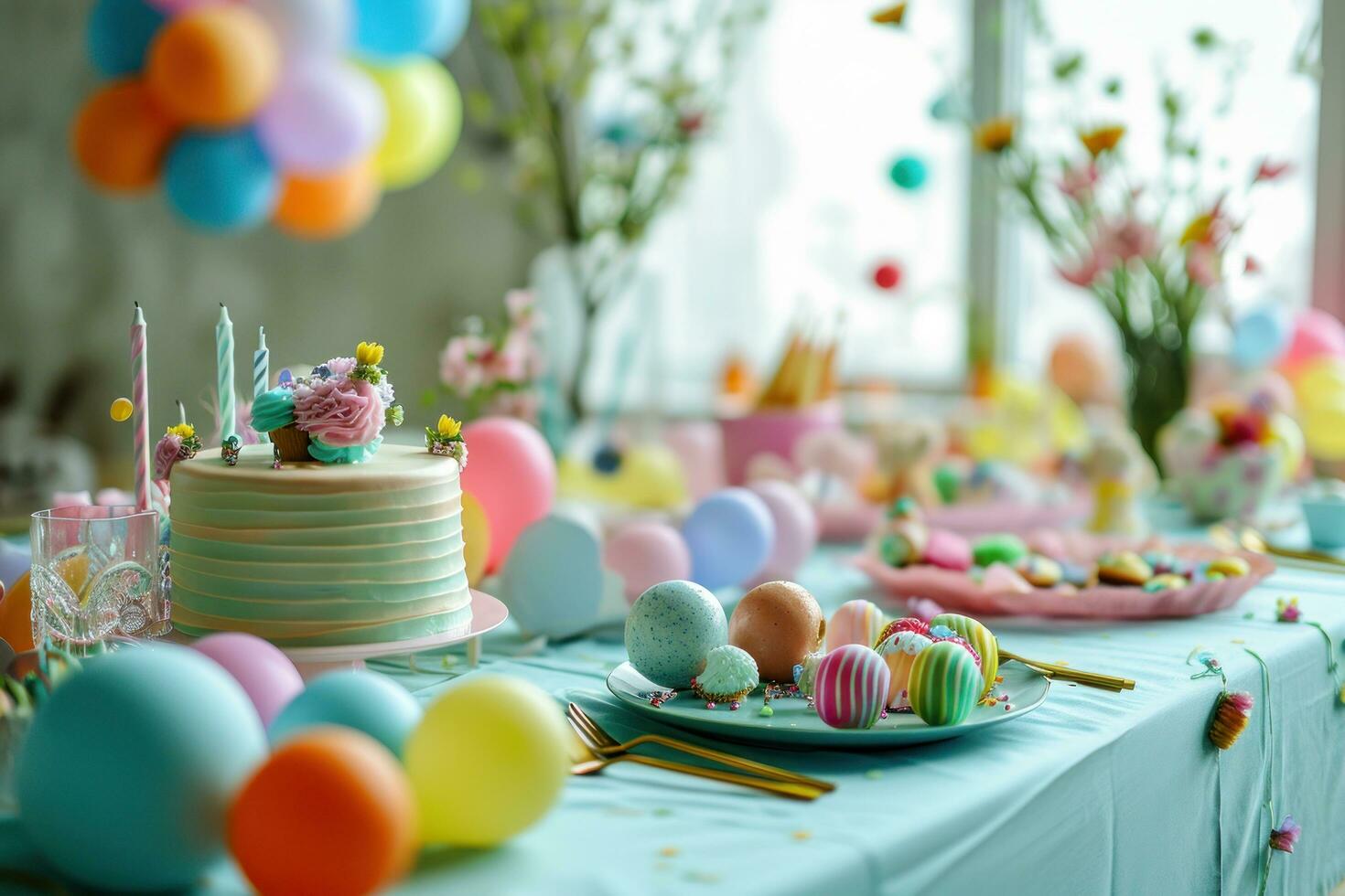 AI generated birthday party decoration on the table photo