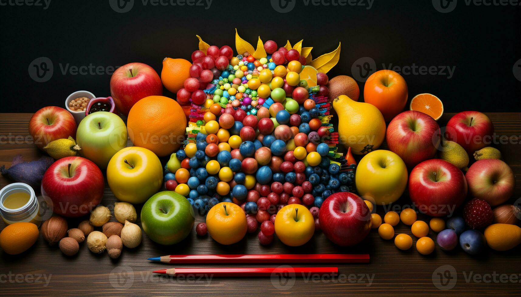 AI generated Fresh, healthy fruits and vegetables on wooden table generated by AI photo