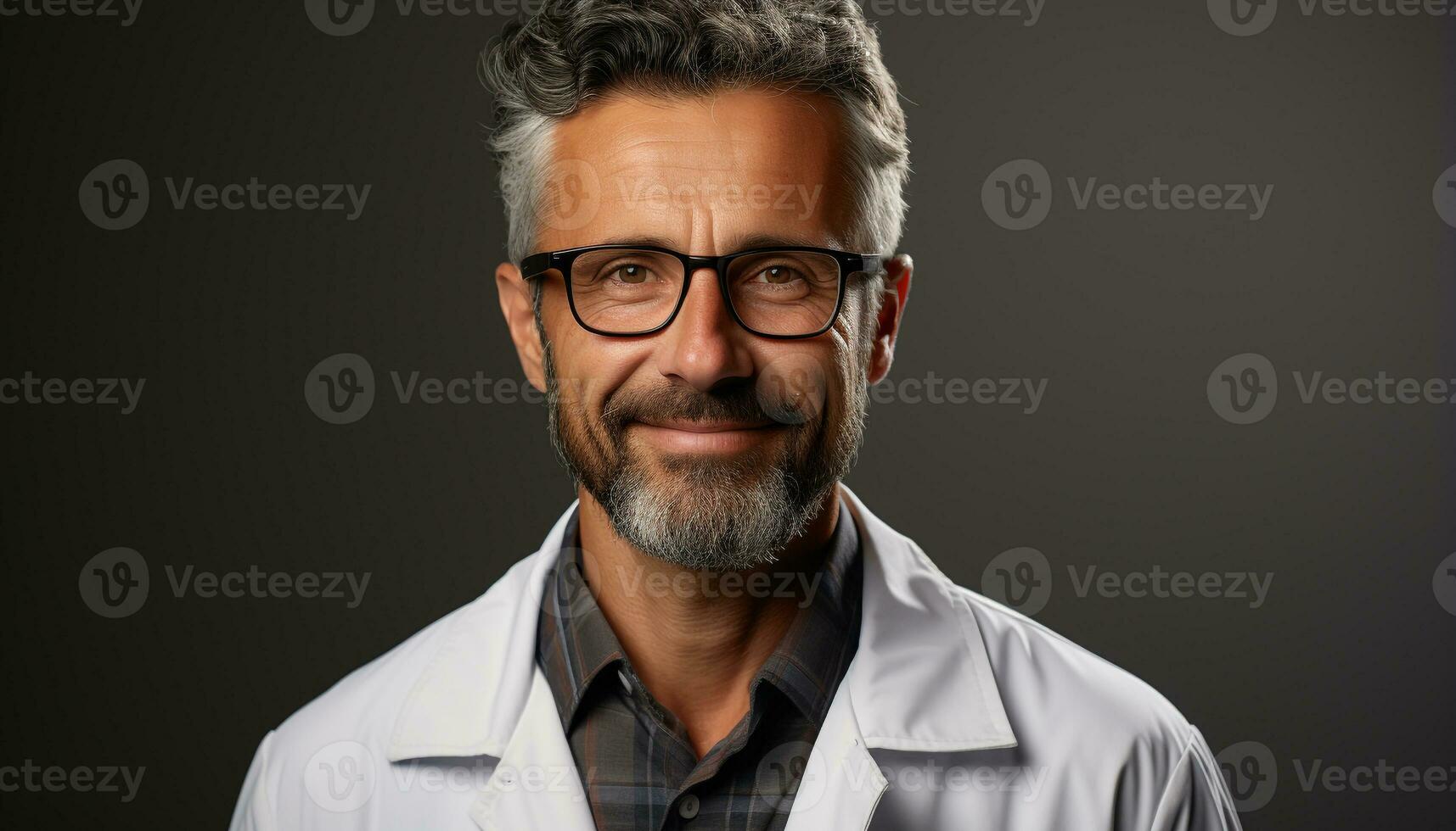 ai generado sonriente maduro hombre con gris pelo y los anteojos, confidente y contento generado por ai foto