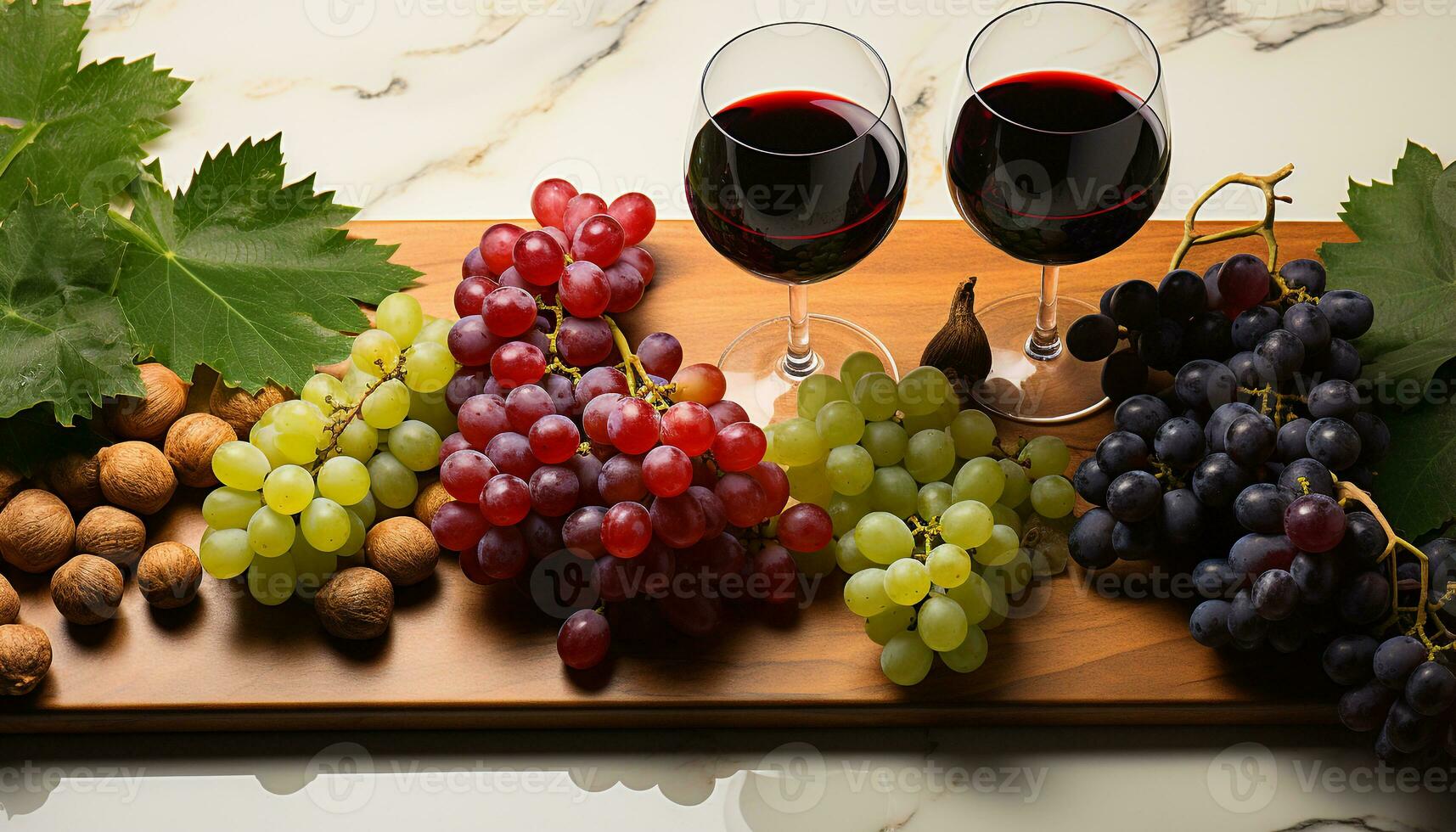AI generated Fresh grape bunches on wooden table, nature sweet refreshment generated by AI photo