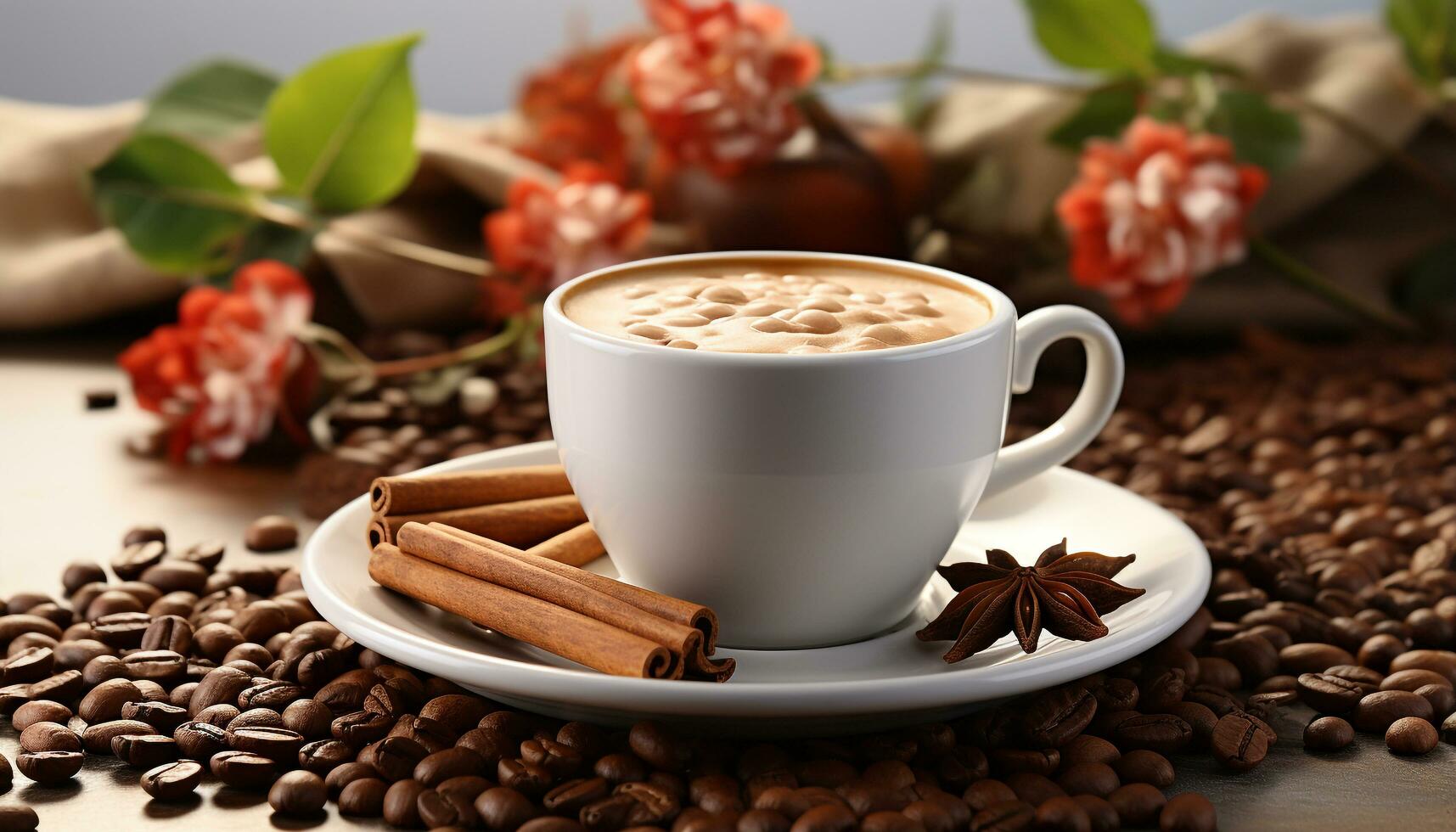 AI generated Hot coffee on wooden table, frothy cappuccino with chocolate generated by AI photo