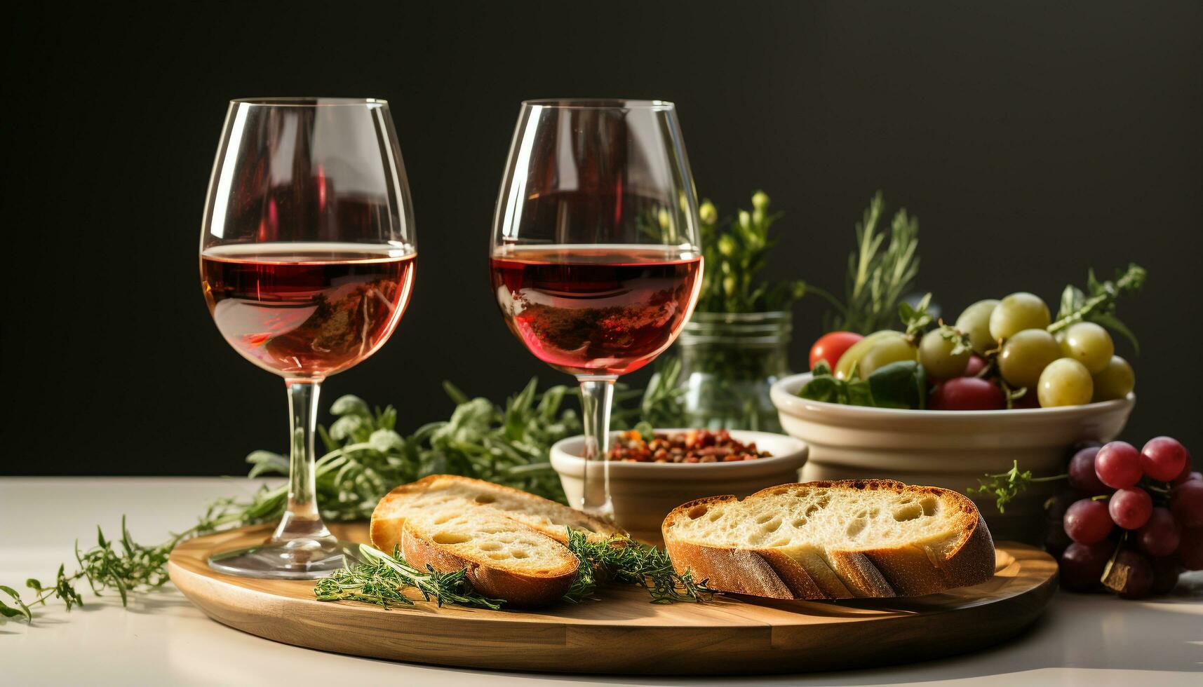 AI generated Gourmet meal wine, bread, prosciutto, cheese, and fresh fruit generated by AI photo