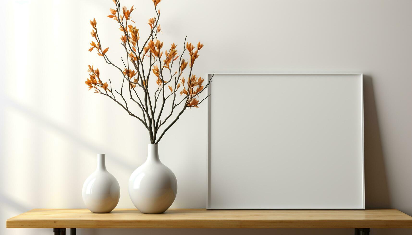AI generated Modern domestic room with empty table, vase, and blank poster generated by AI photo