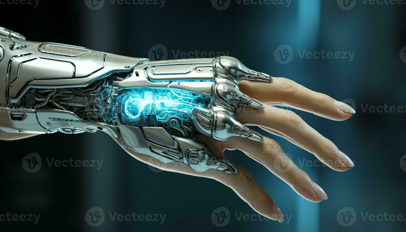 AI generated Futuristic robot arm points, connecting human and digital worlds generated by AI photo