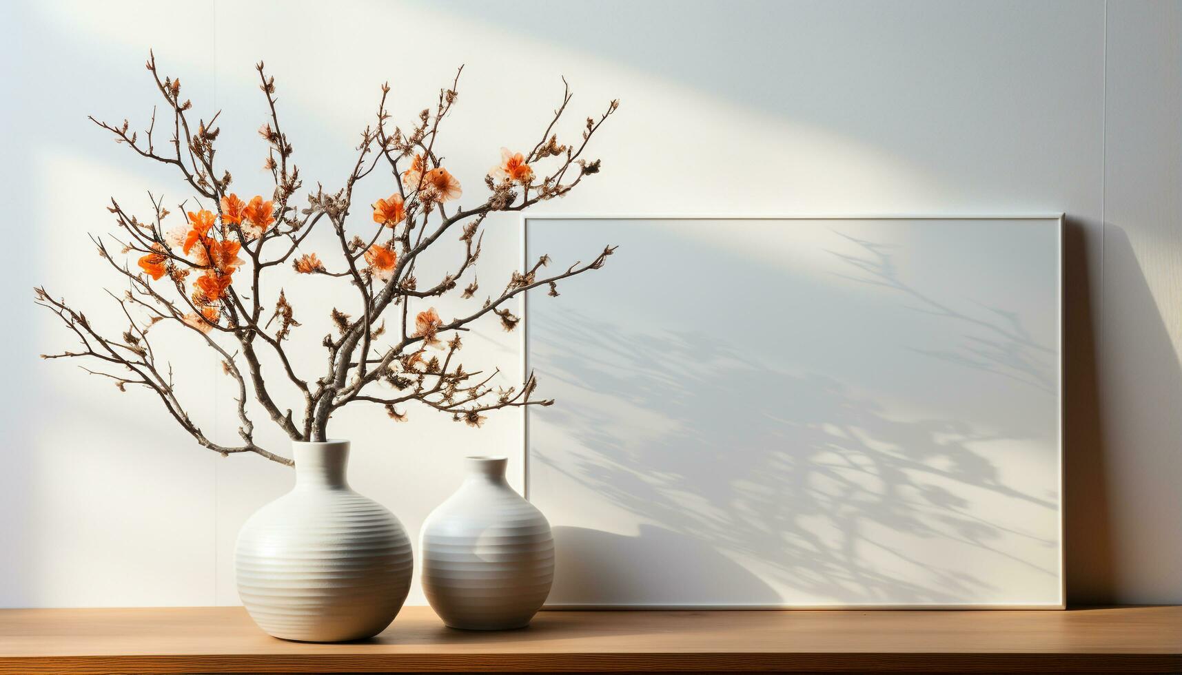 ai generado moderno hogar interior con brillante flor maceta en de madera mesa generado por ai foto