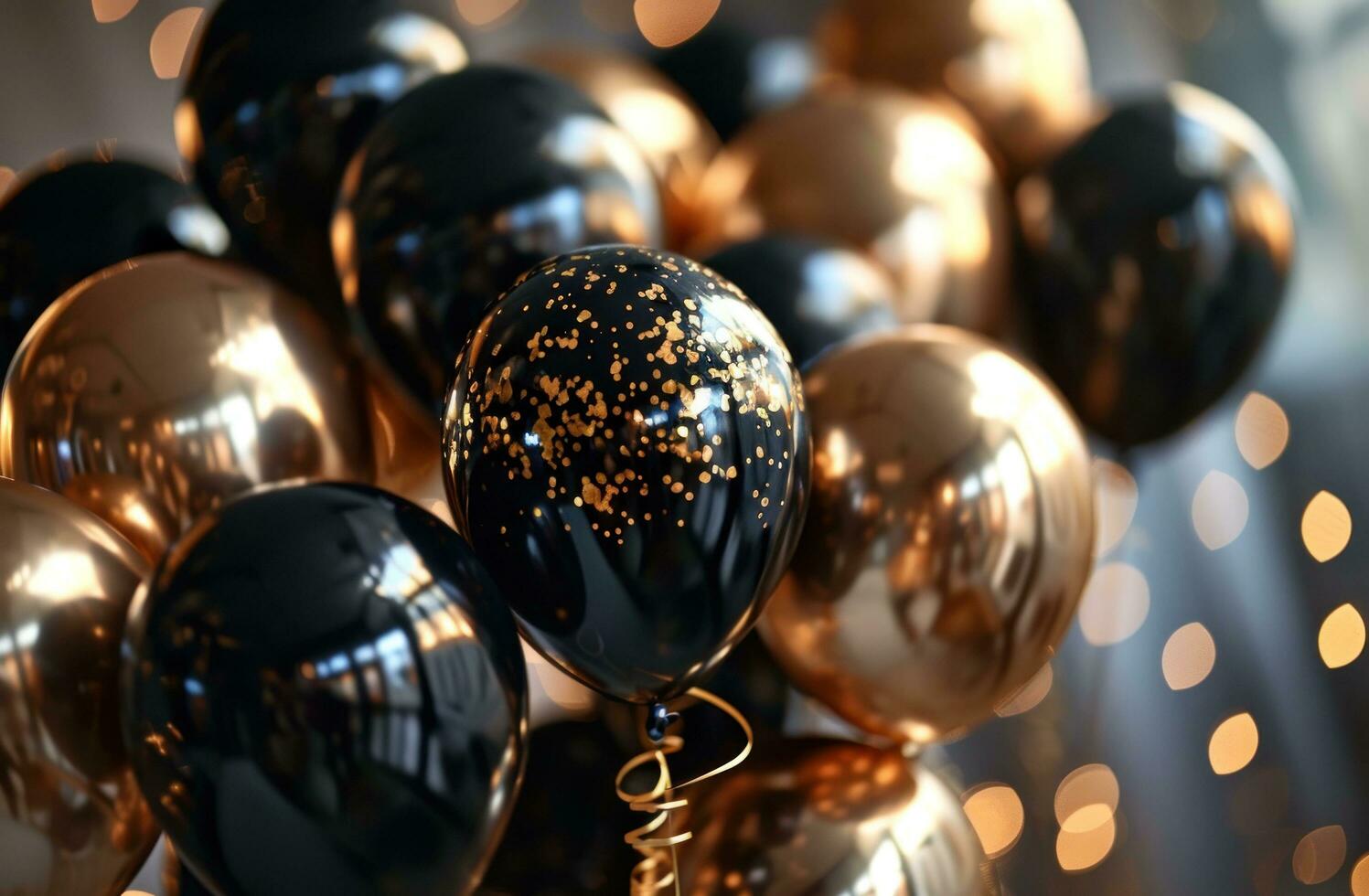 AI generated birthday party background with black and gold balloons photo