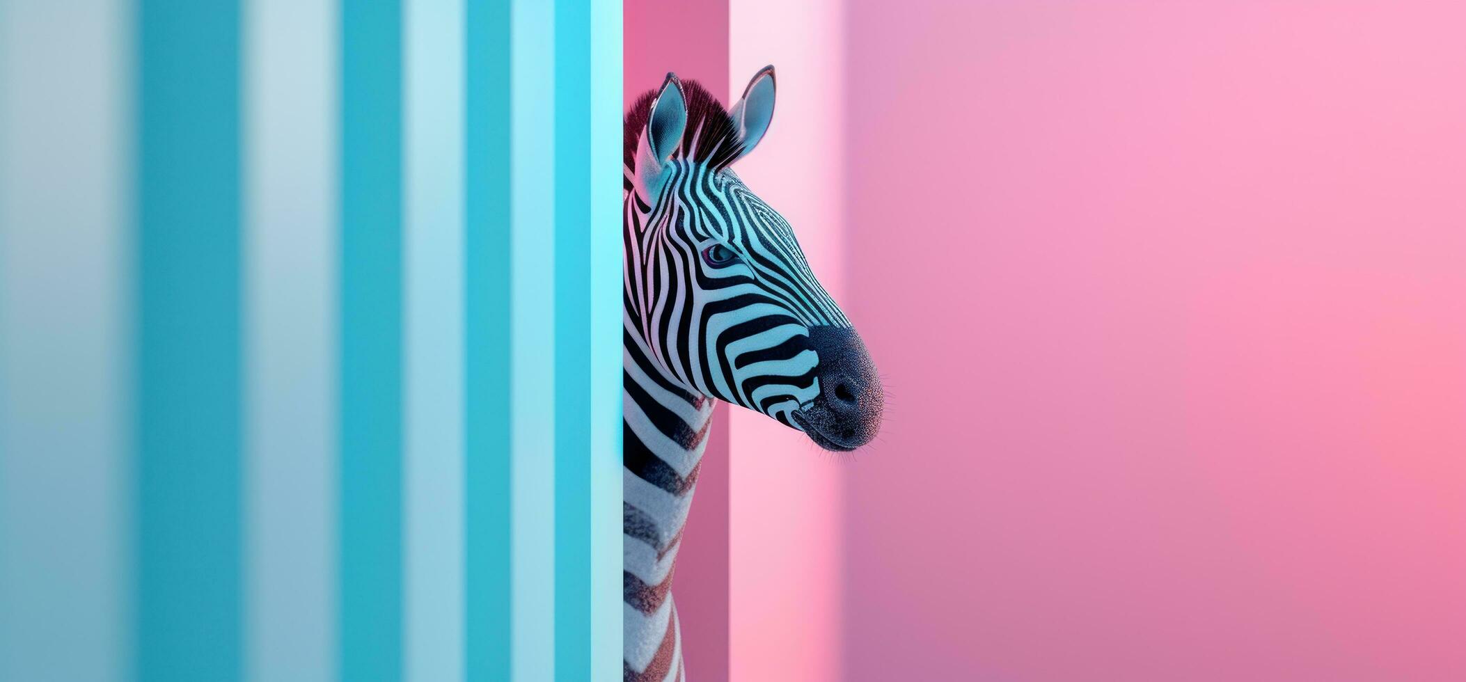 AI generated a zebra peeking out of a blue and pink wall photo