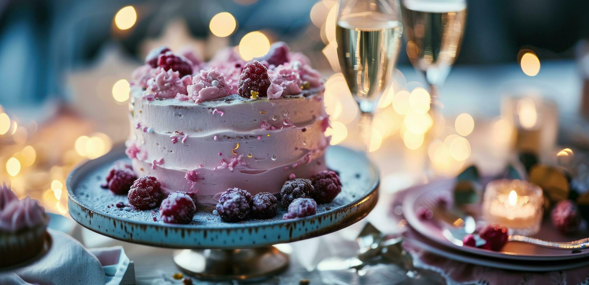 AI generated an elegant pink birthday cake with champagne and wedding cake photo