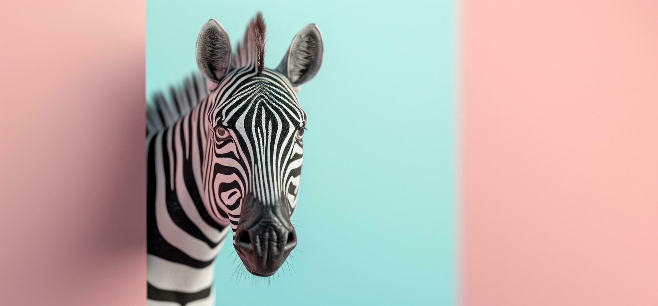 AI generated a zebra peeking out of a blue and pink wall photo