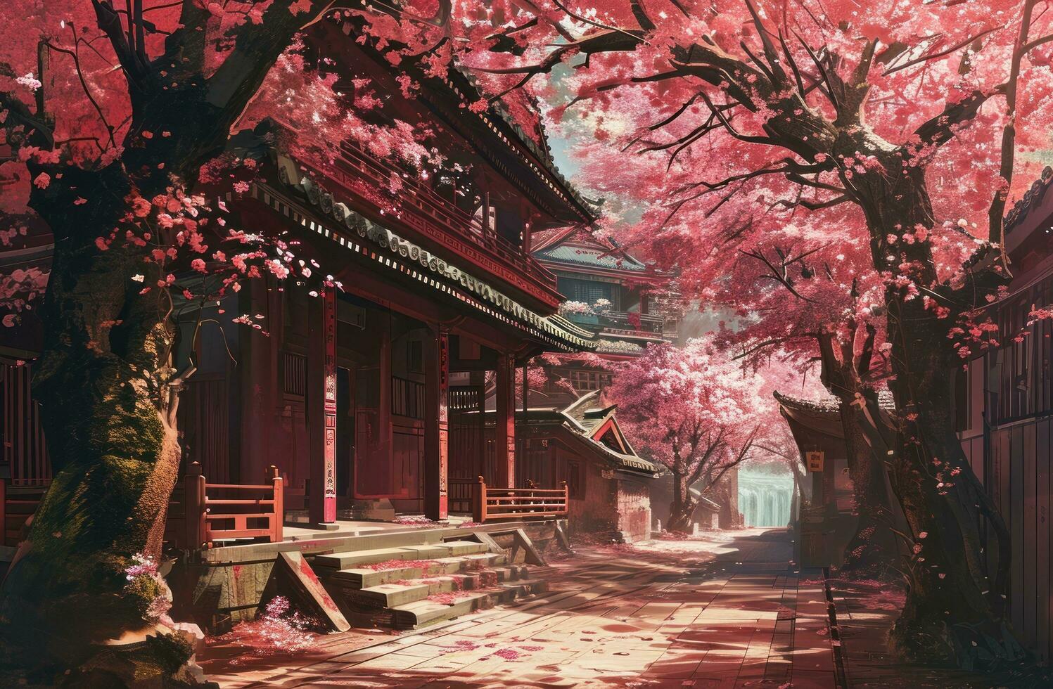 AI generated beautiful pink cherries grow near some pagoda's on a street lined with pagoda photo