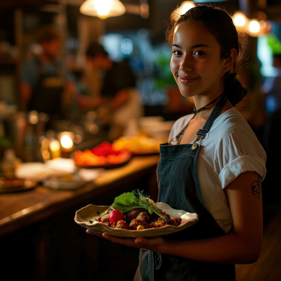 AI generated a young waitress holds a plate full of food as she carries patrons to their table photo