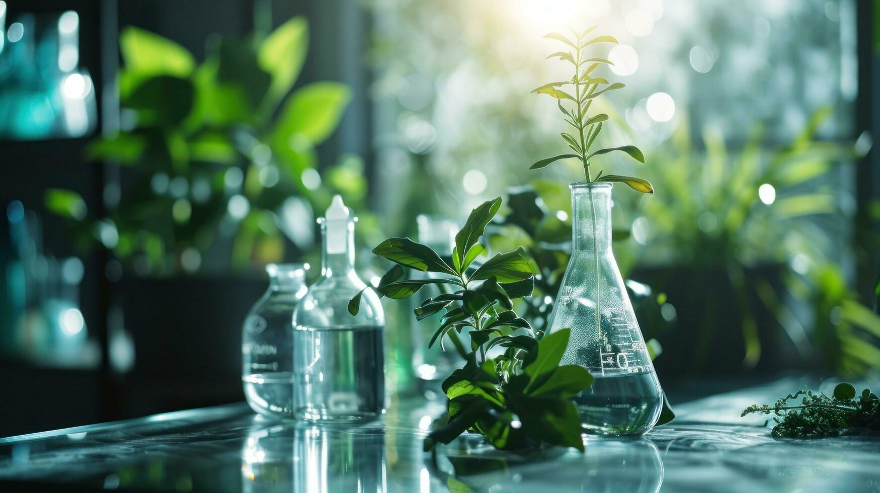 AI generated chemistry lab on glass counter with plant and liquid photo
