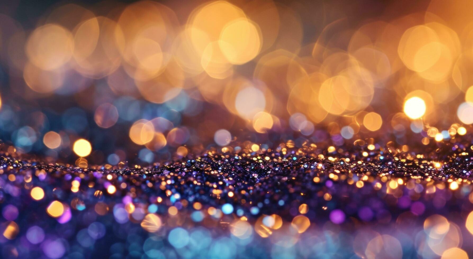 AI generated close up of purple, blue and bright golden lights on a glittered background photo