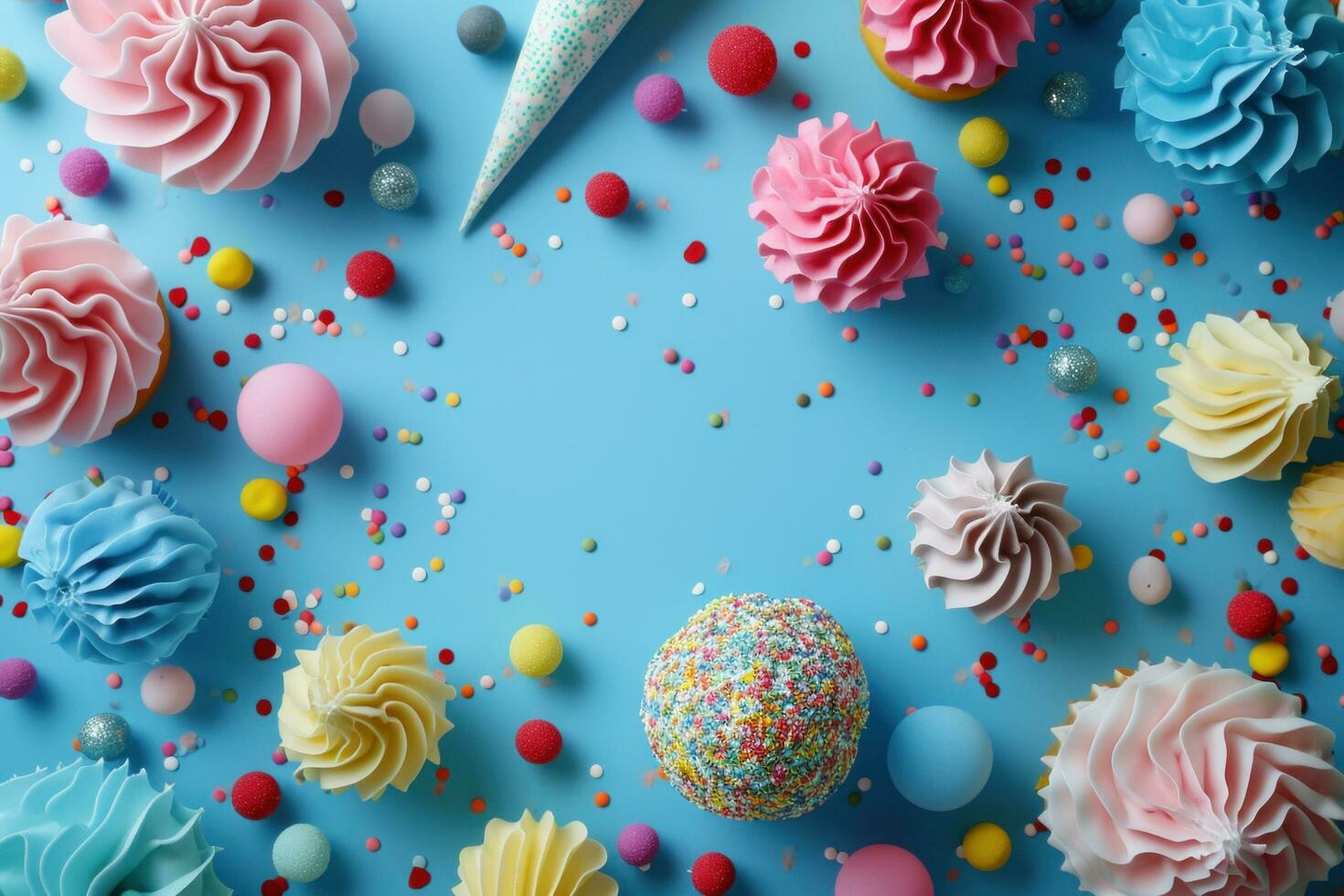 AI generated colorful birthday decorations on a blue background photo