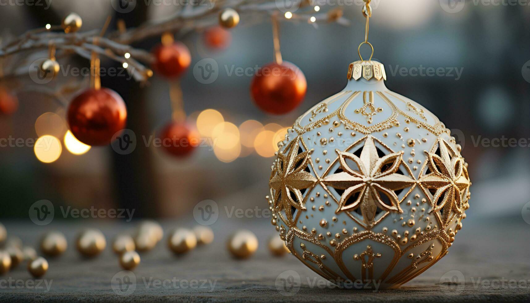 AI generated Shiny gold ornament illuminates Christmas tree in winter celebration generated by AI photo