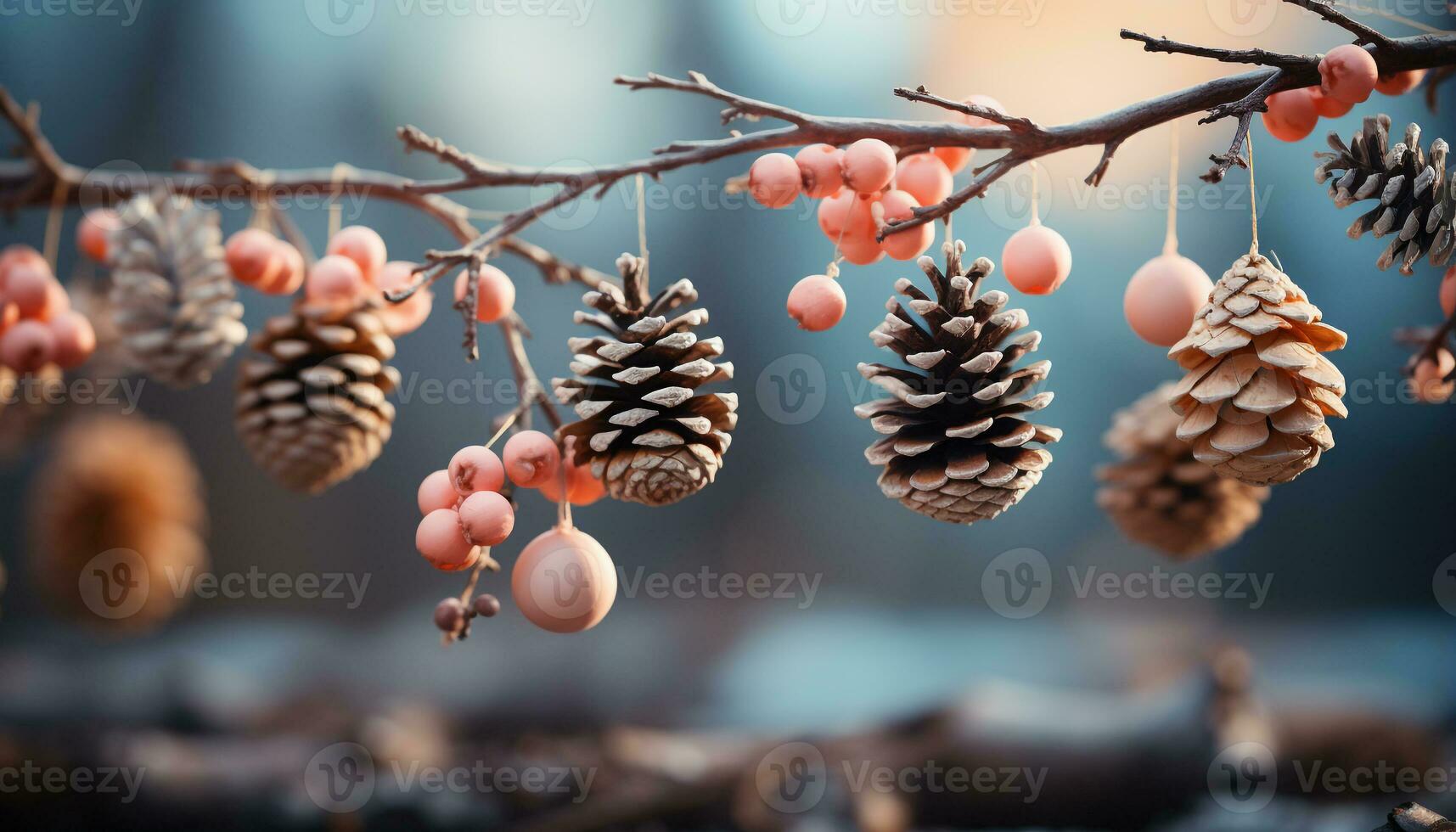 AI generated Winter decoration Close up of a pine cone on a snowy branch generated by AI photo