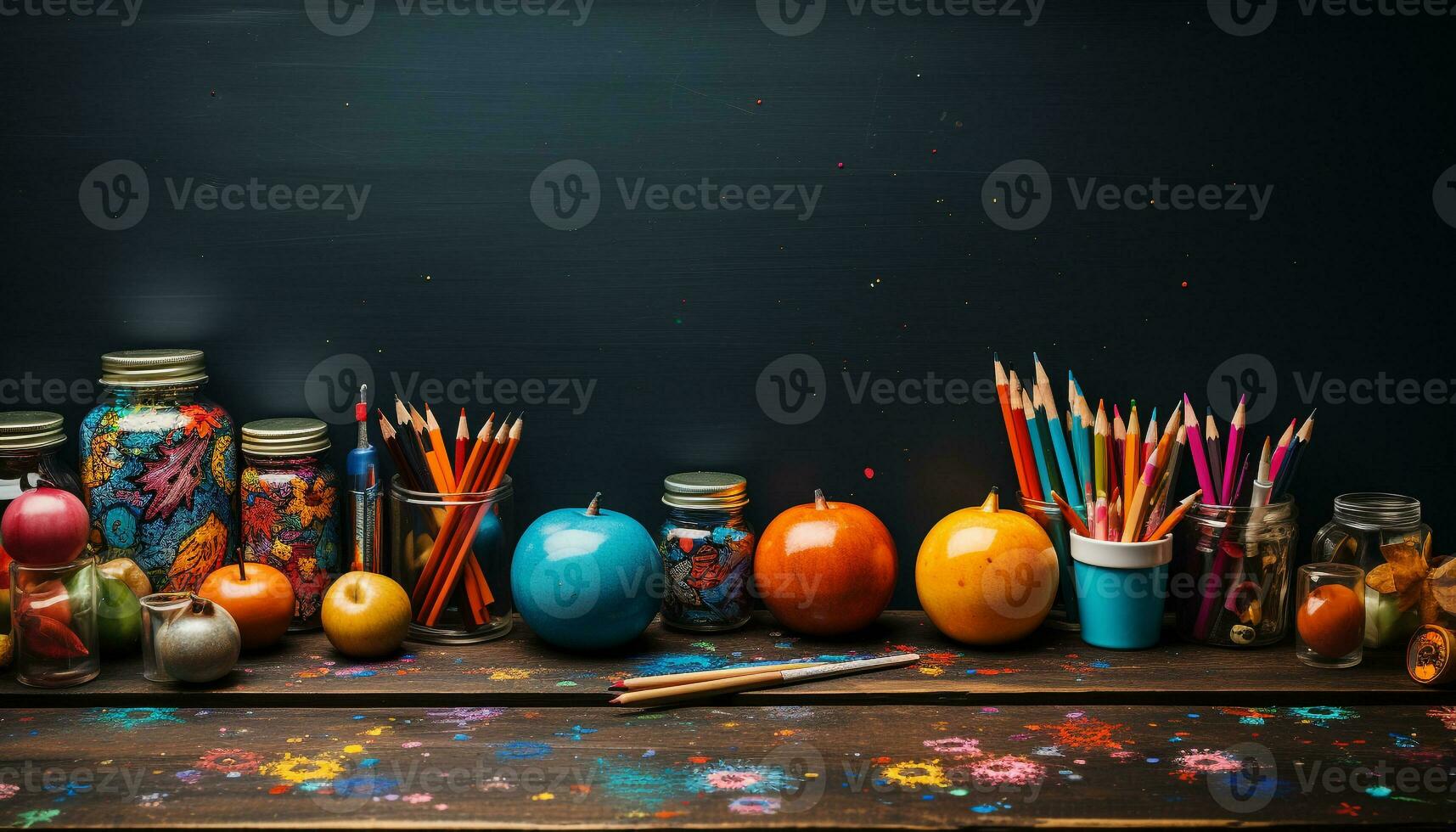 AI generated Vibrant colors on wood table, creativity sparks with paint generated by AI photo