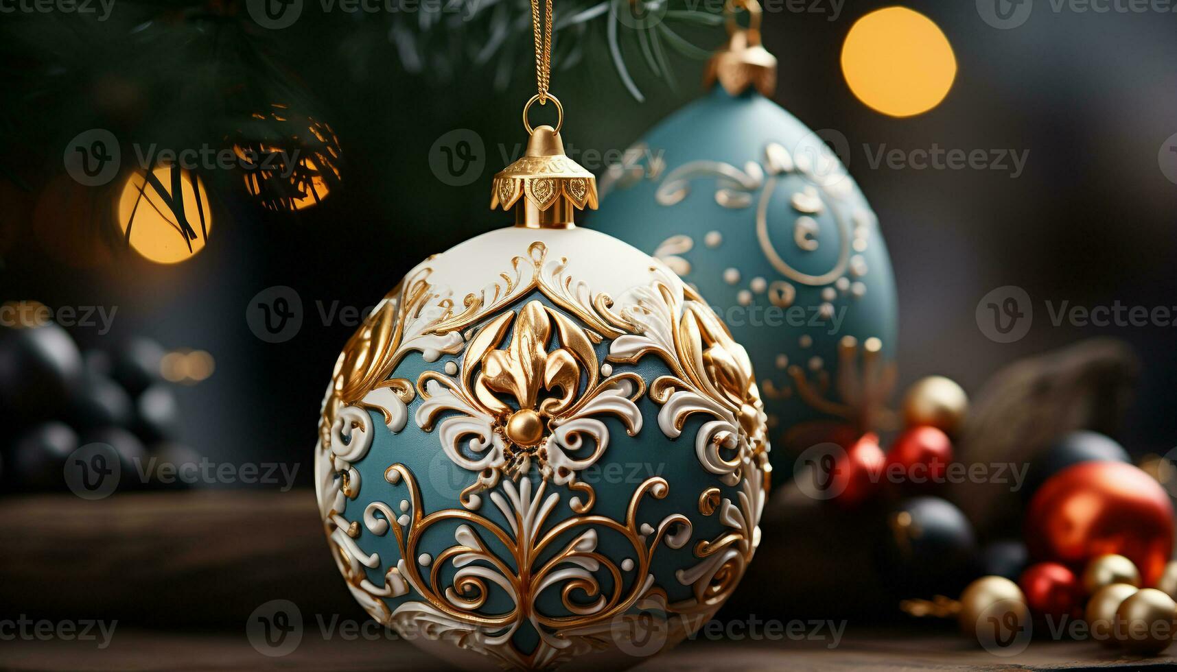 AI generated Glowing gold ornament decorates rustic Christmas tree in dark space generated by AI photo