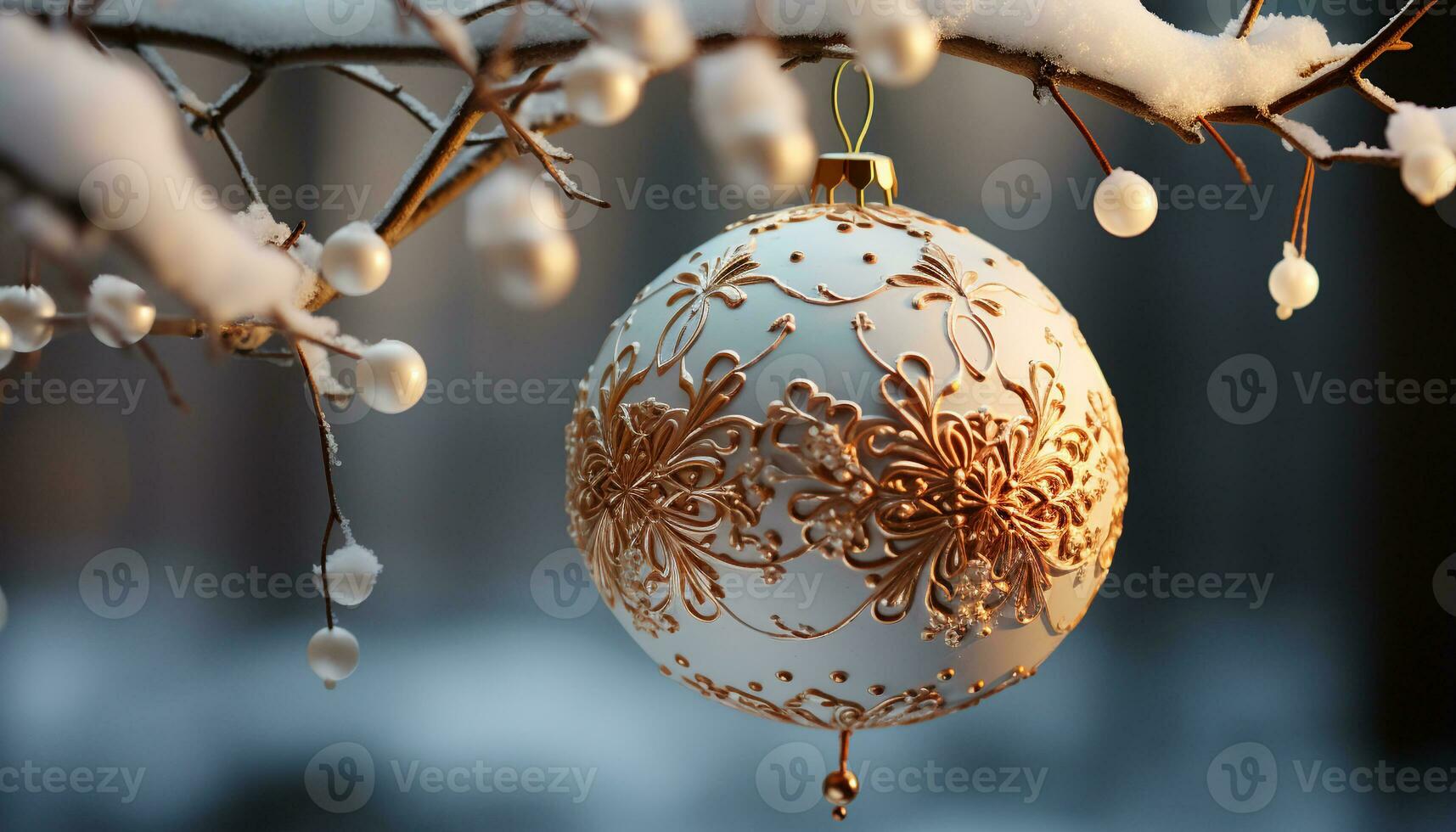 ai generado invierno celebracion Navidad ornamento colgando en nieve cubierto árbol rama generado por ai foto