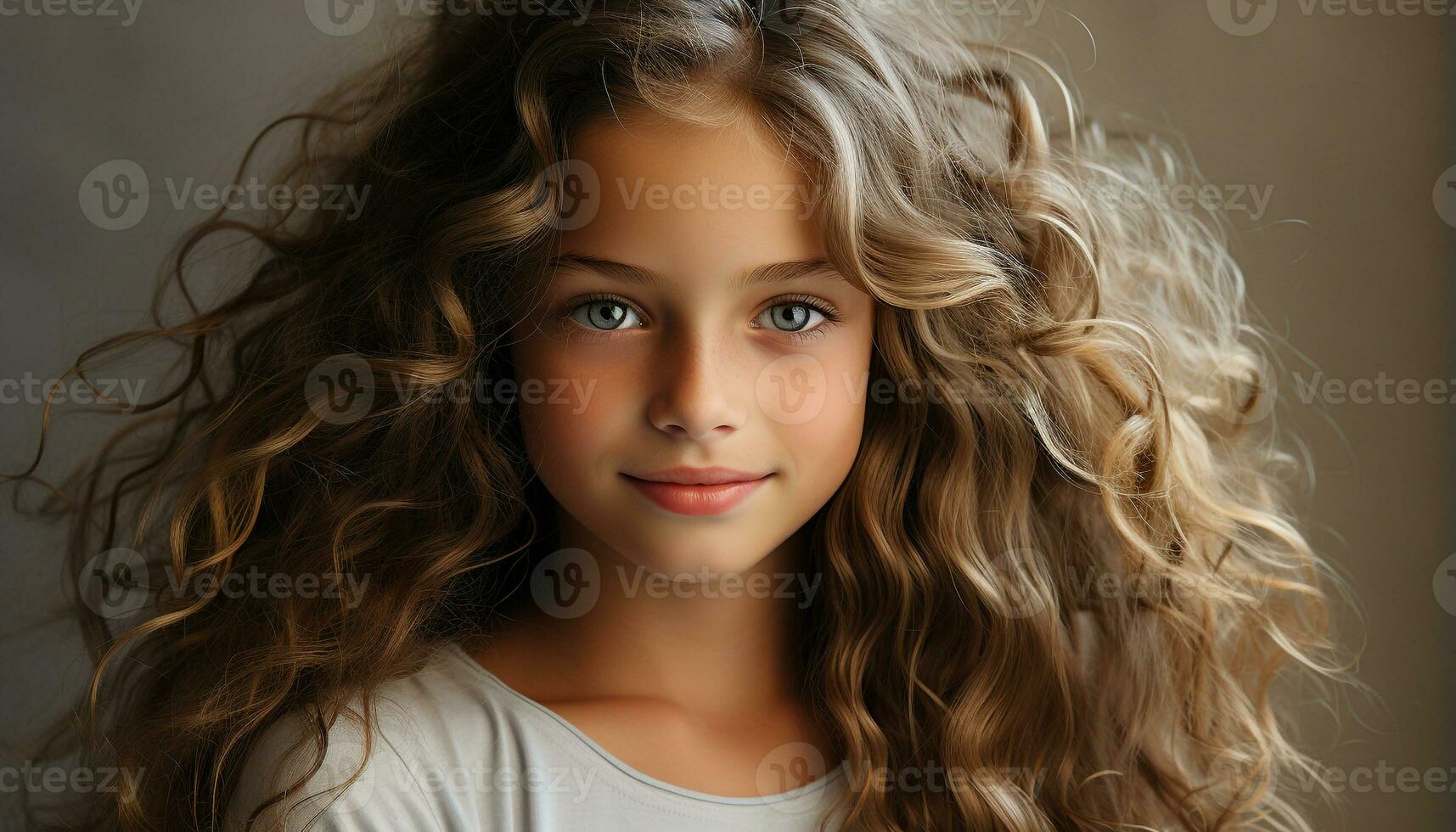 AI generated Cute blond girl with curly hair smiling, looking at camera generated by AI photo