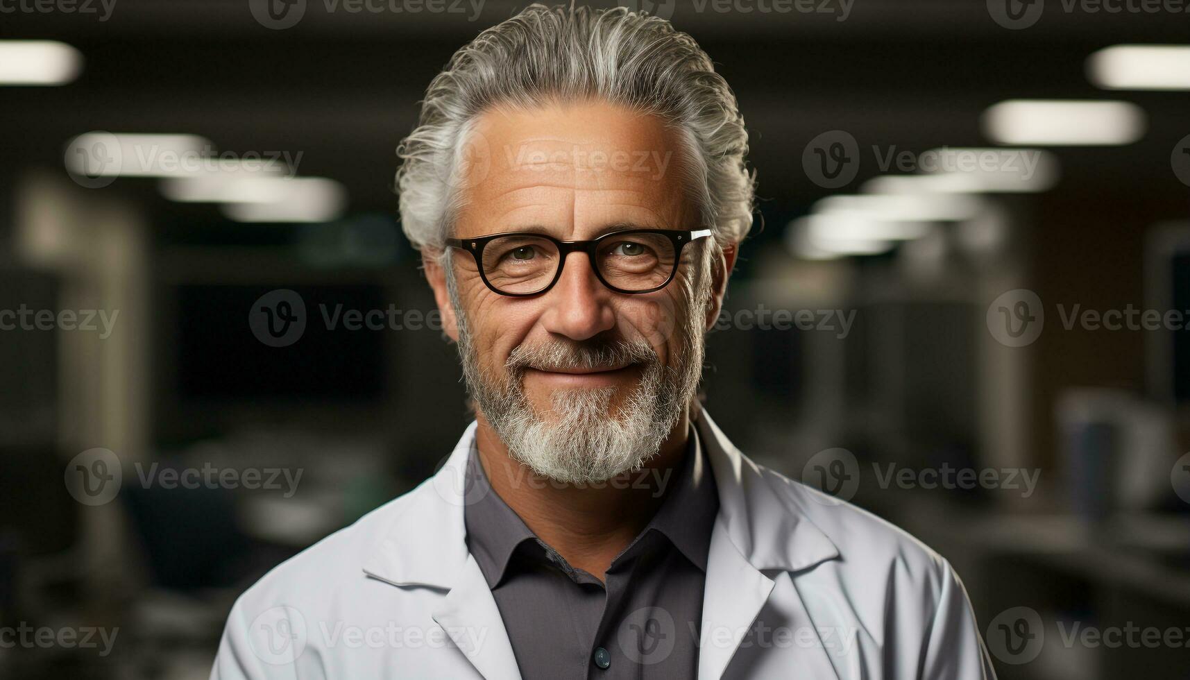 AI generated Confident scientist, mature, smiling, looking at camera, indoors generated by AI photo