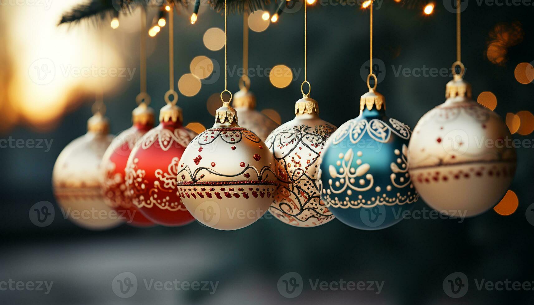 AI generated Christmas ornament hanging on tree, glowing in the night generated by AI photo
