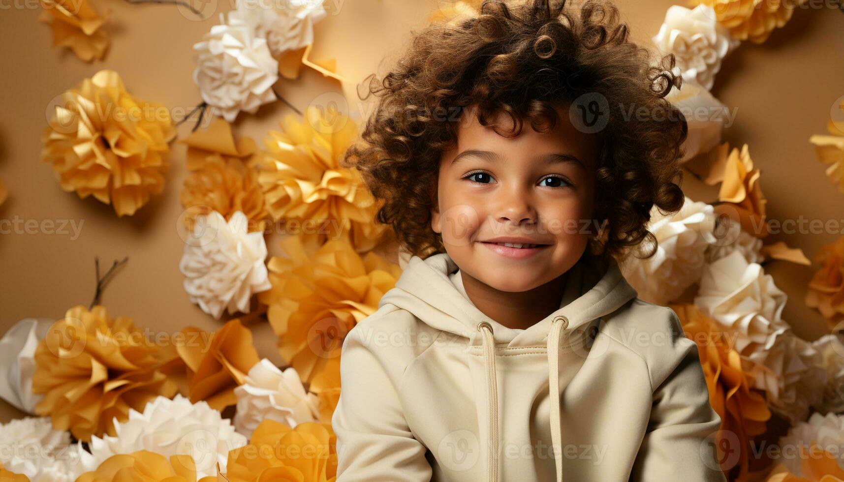 ai generado sonriente niño, felicidad en otoño, linda retrato, juguetón al aire libre generado por ai foto