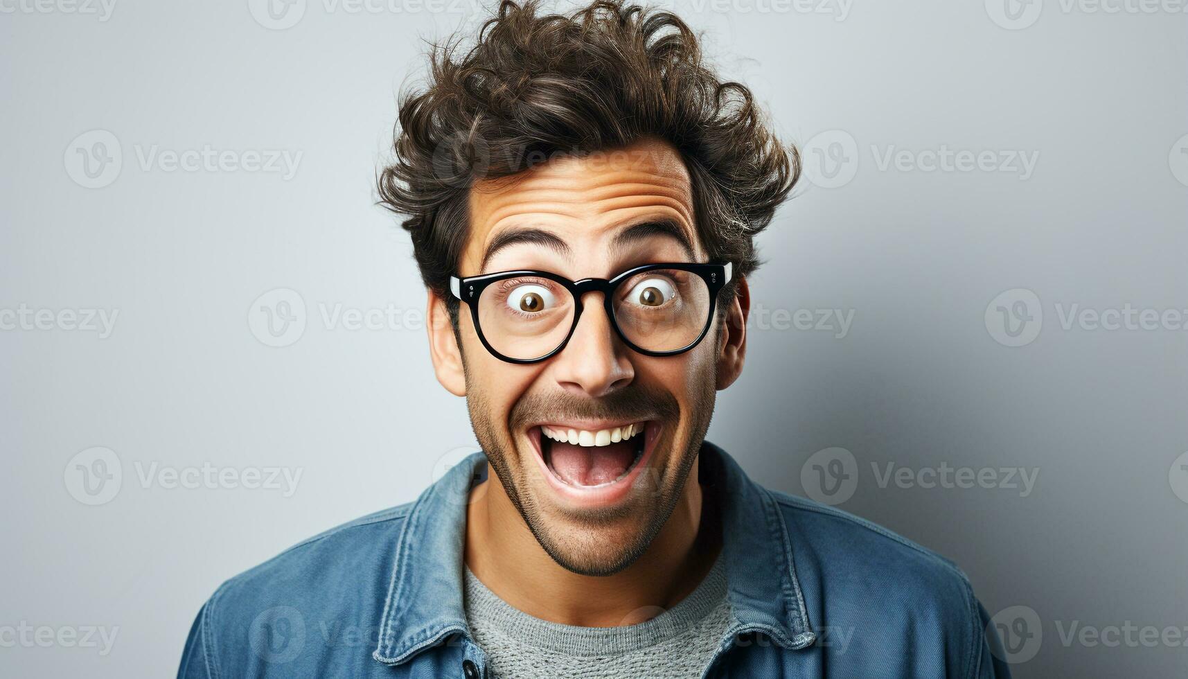 AI generated A cheerful young man with a toothy smile and glasses generated by AI photo