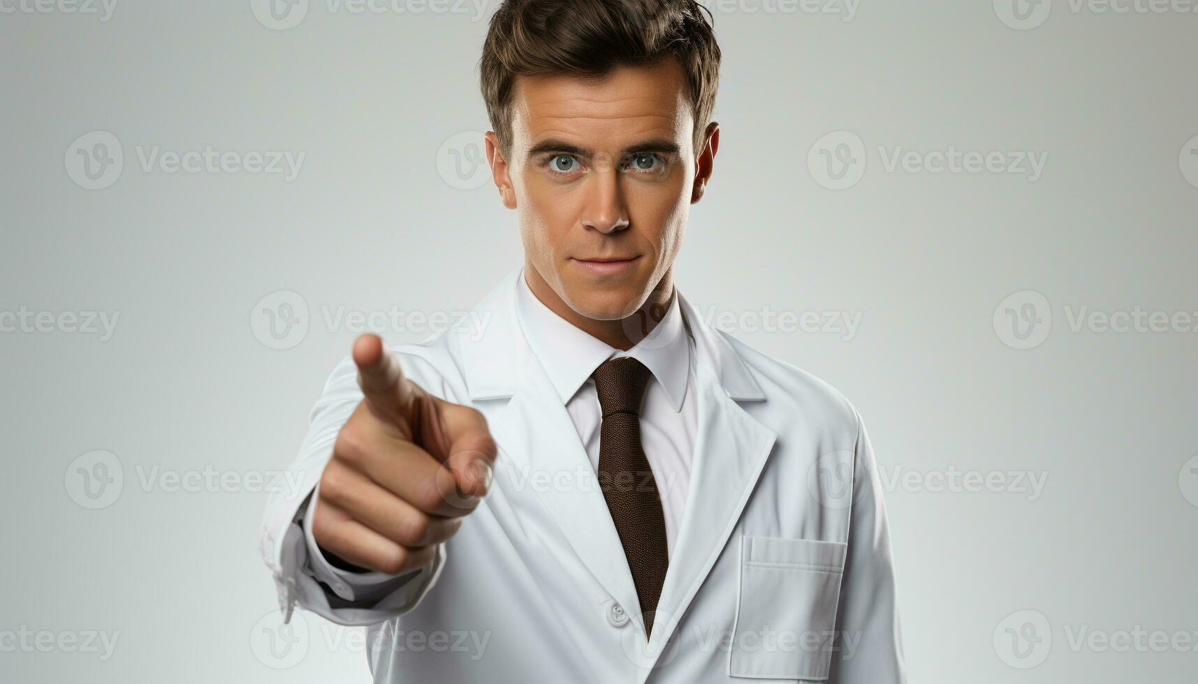 AI generated Confident doctor pointing, successful businessman in white coat generated by AI photo