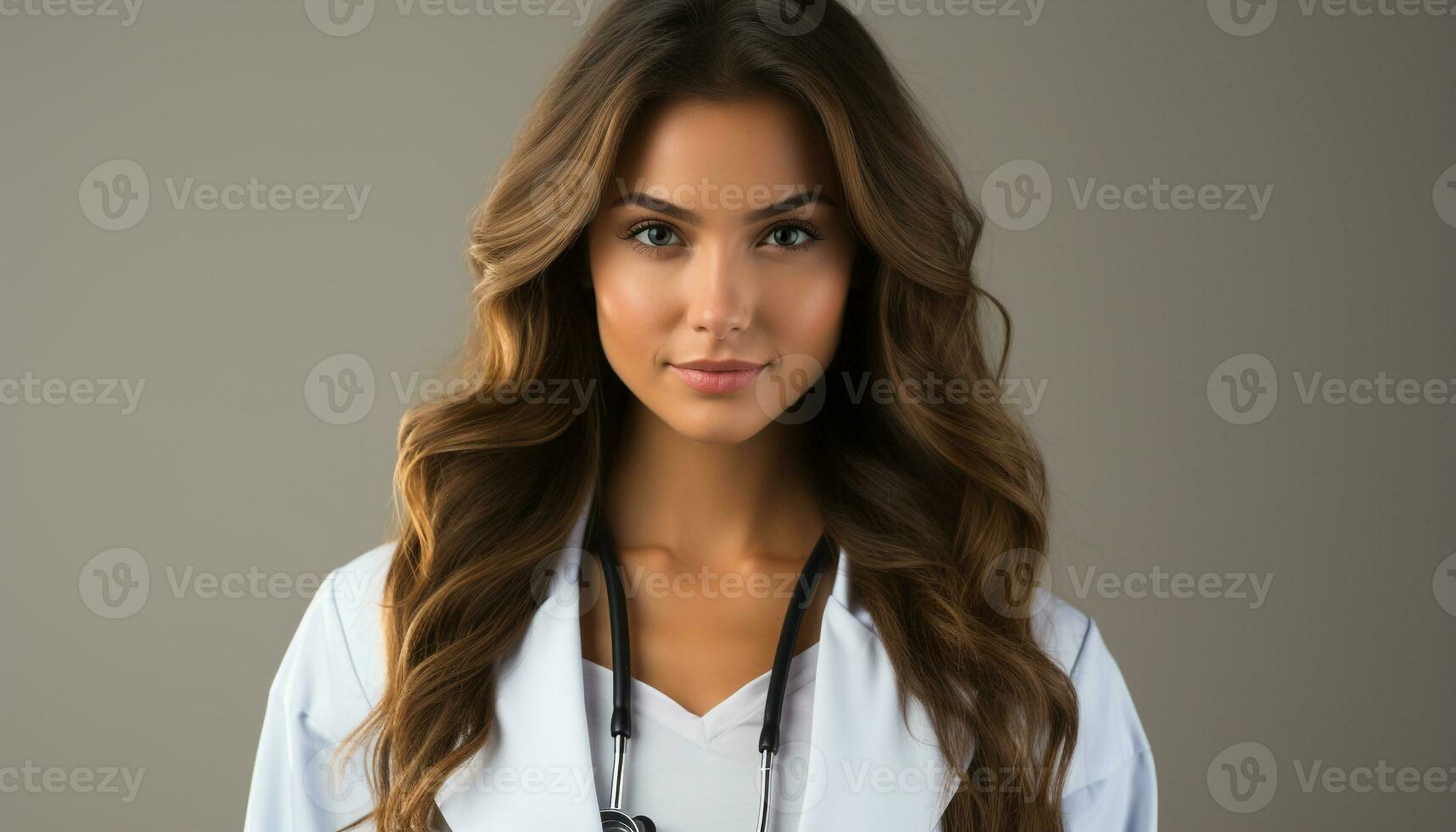 AI generated Young adult woman, confident doctor, smiling, looking at camera generated by AI photo