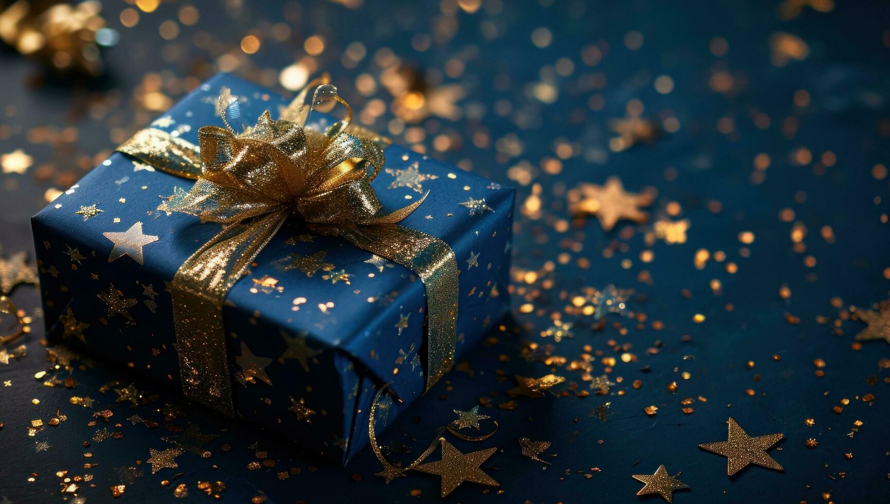 AI generated blue gift box with golden ribbon and stars on dark blue background photo