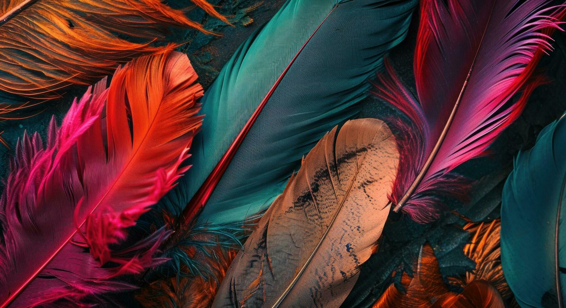 AI generated colorful feathers in several colors on a dark background photo