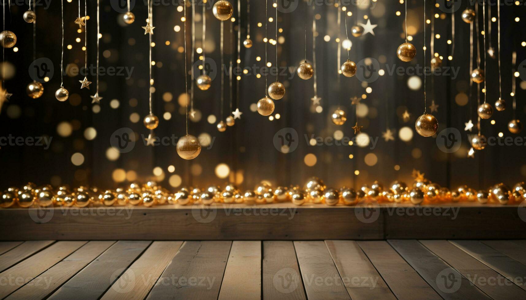 AI generated Shiny gold glitter illuminates the rustic wooden Christmas tree generated by AI photo
