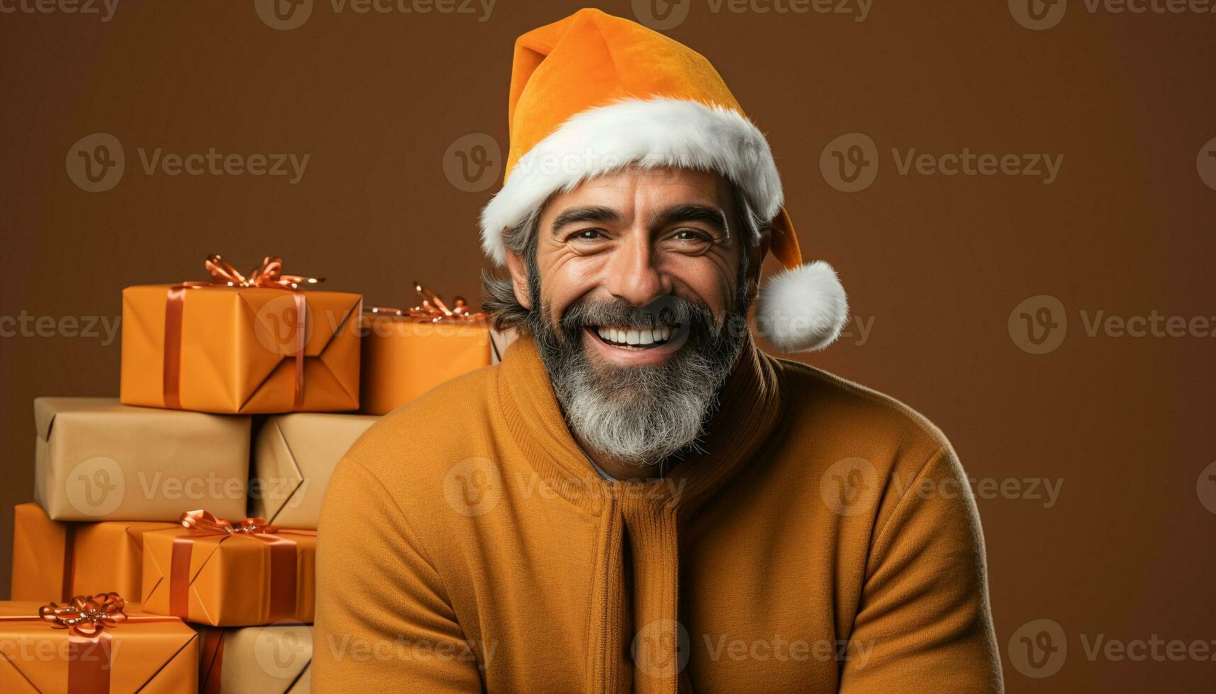 AI generated A joyful senior man smiling, holding a gift box tightly generated by AI photo