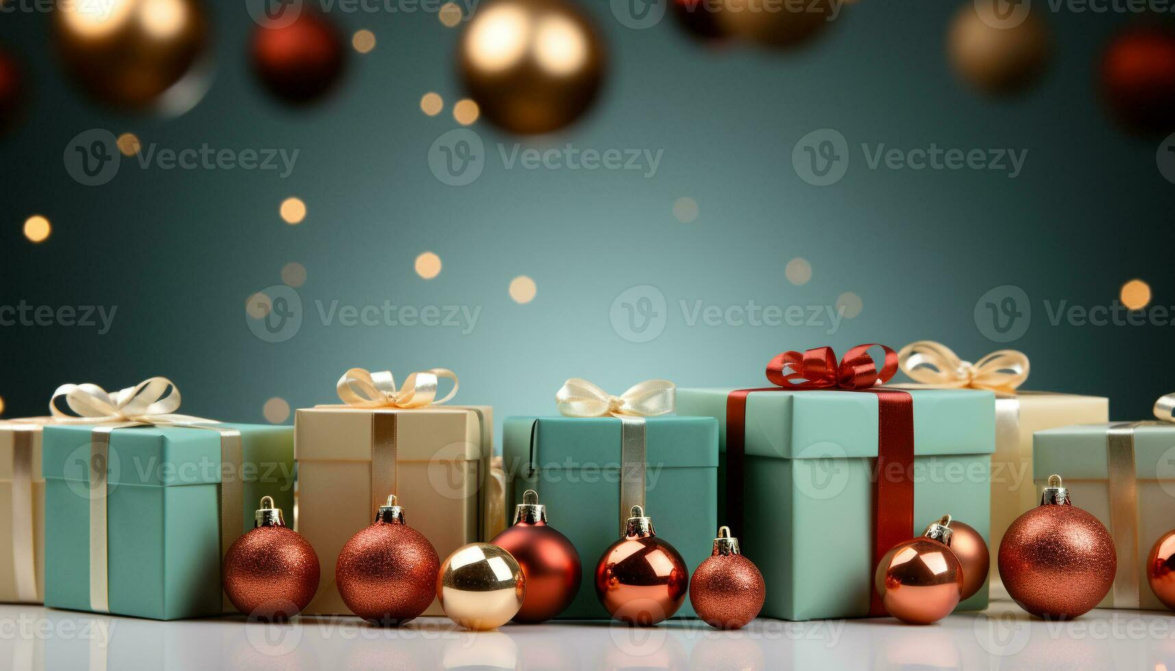 AI generated A glowing gold box, wrapped in vibrant Christmas decoration generated by AI photo