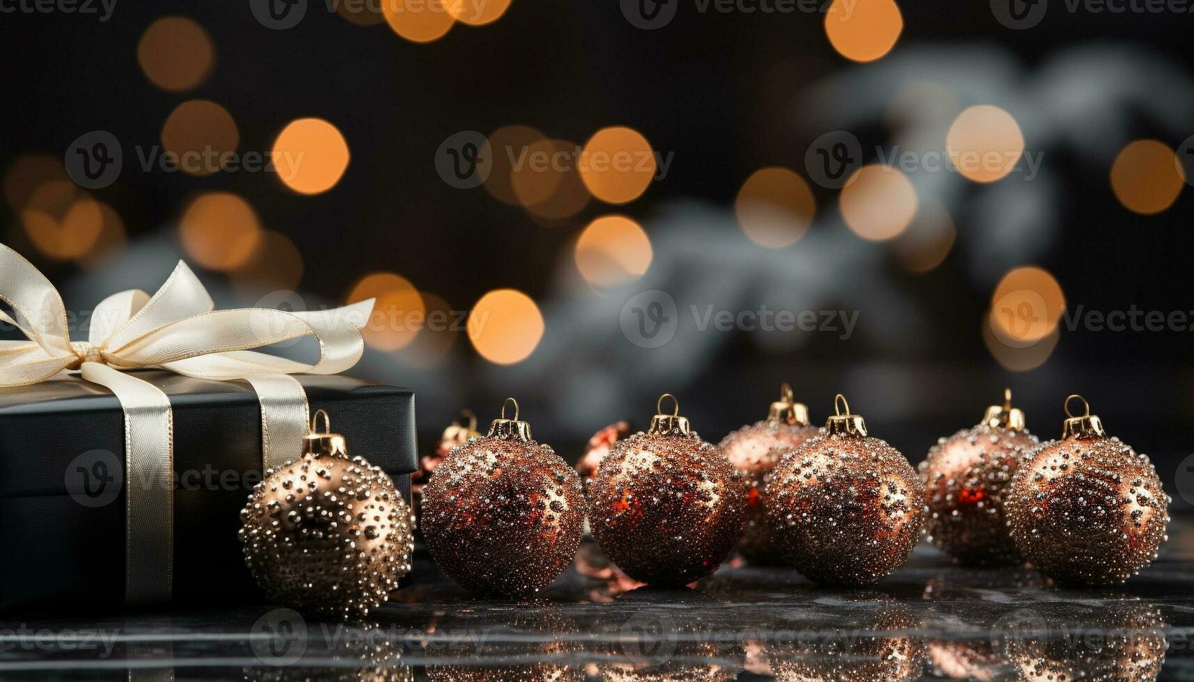 AI generated Glowing gold ornament illuminates festive Christmas decoration on table generated by AI photo