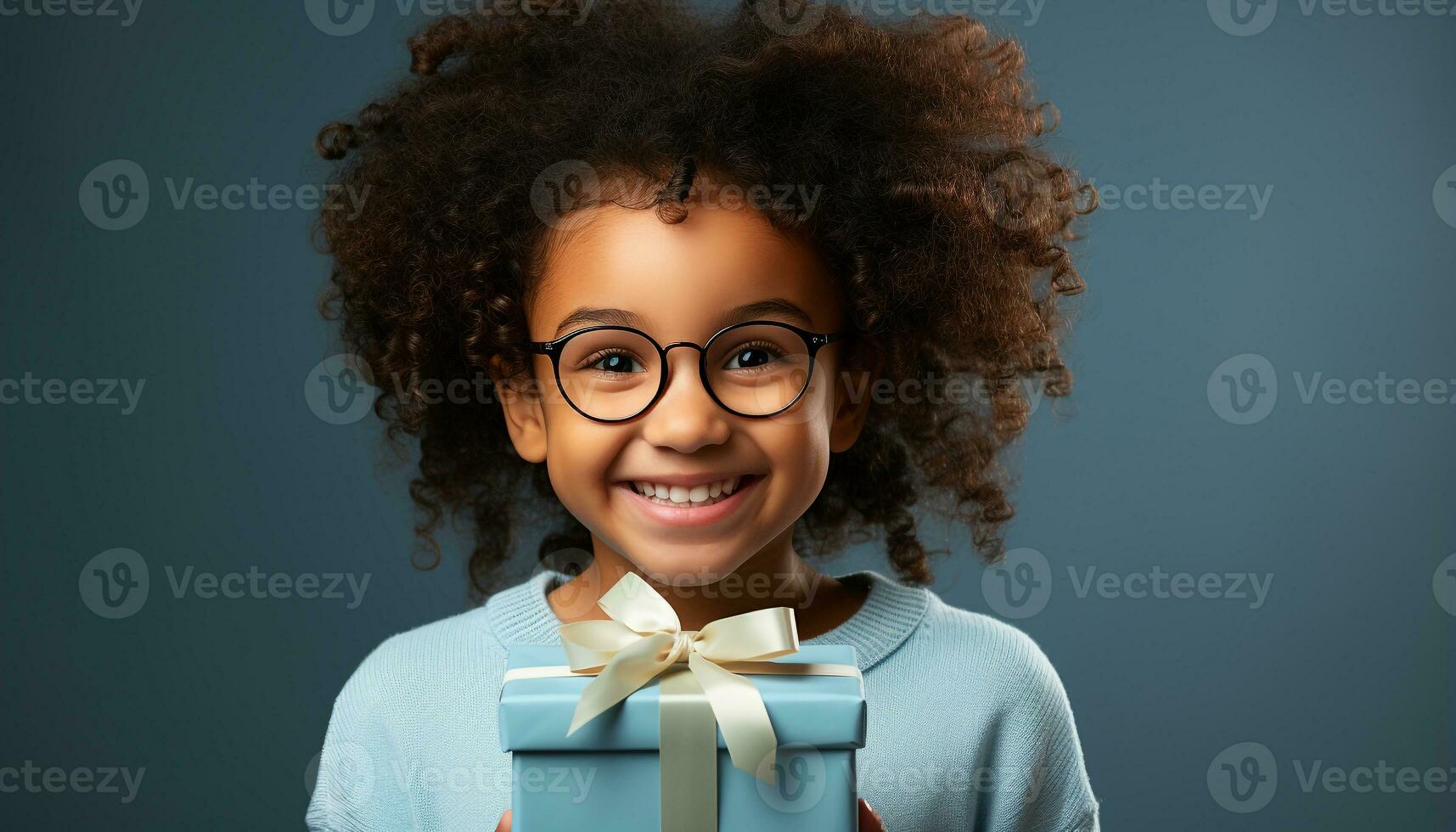 AI generated Smiling child holds gift, radiating happiness in studio portrait generated by AI photo