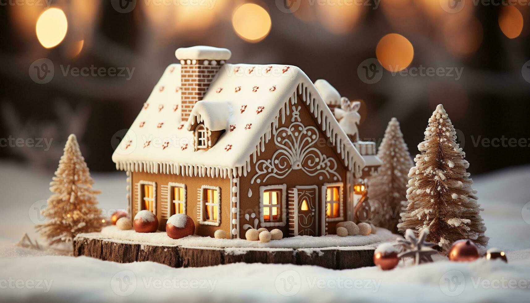 AI generated Homemade gingerbread house decorated with snowflakes, candy, and icing generated by AI photo