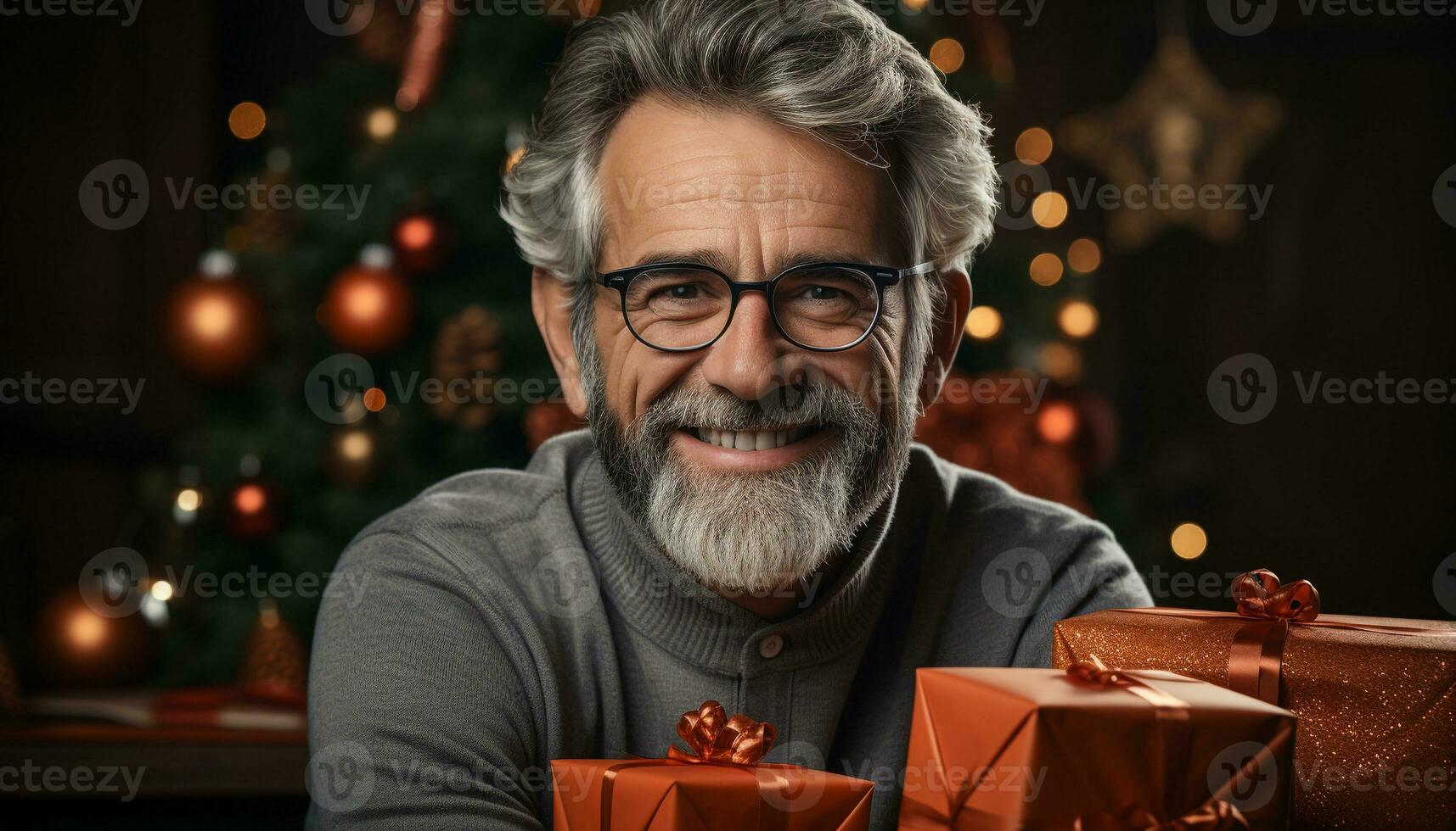 AI generated Smiling senior man holding gift, looking at camera with joy generated by AI photo