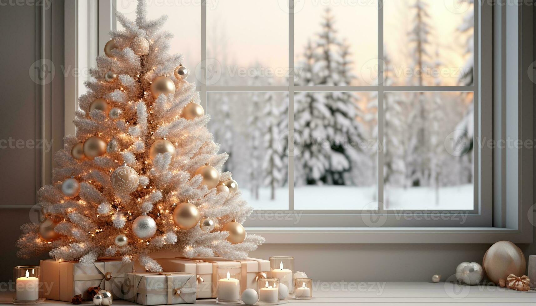 AI generated Winter celebration snow covered tree, glowing decorations, candle lit window generated by AI photo