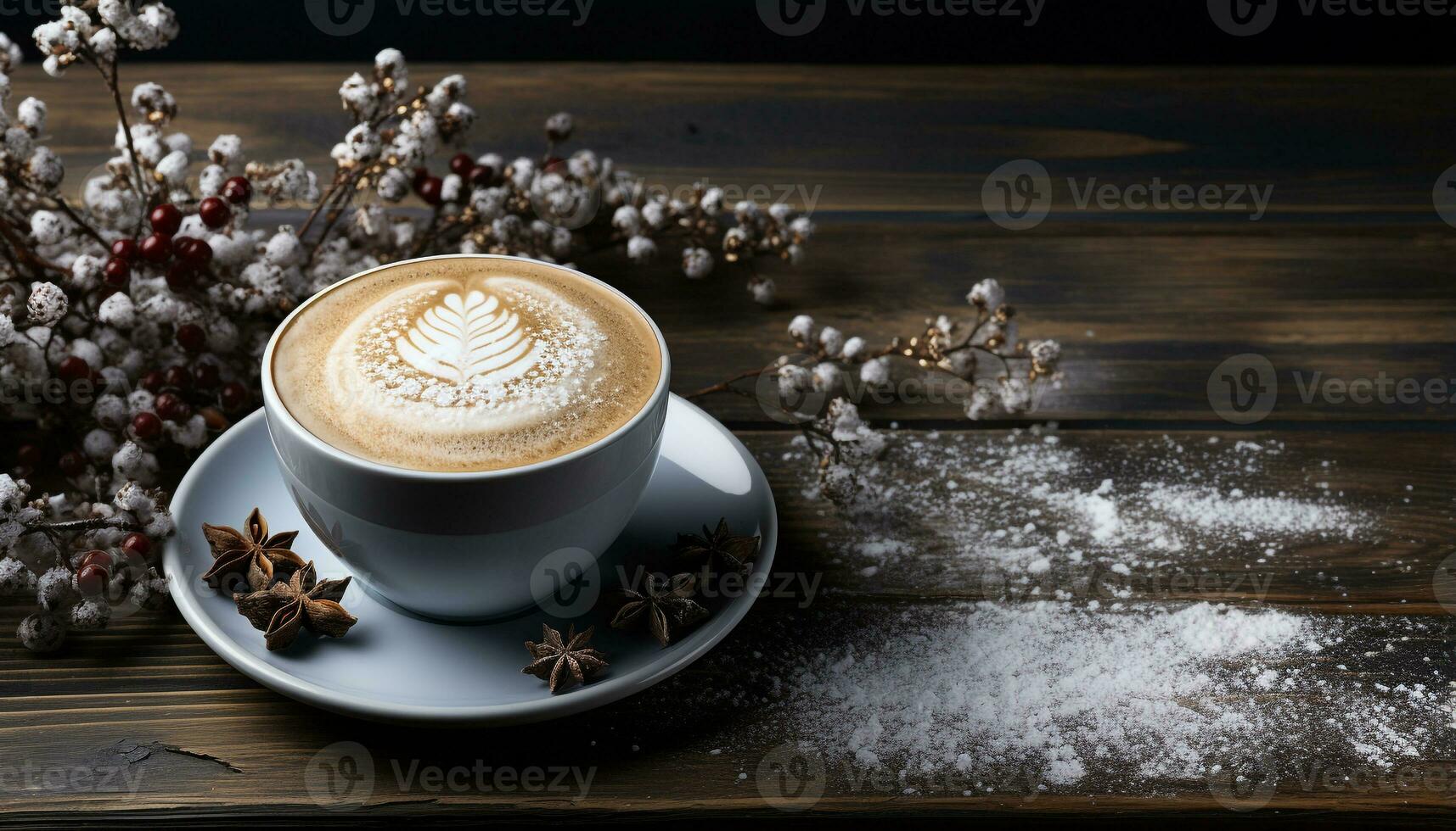 AI generated Coffee cup on wooden table with frothy cappuccino and latte generated by AI photo