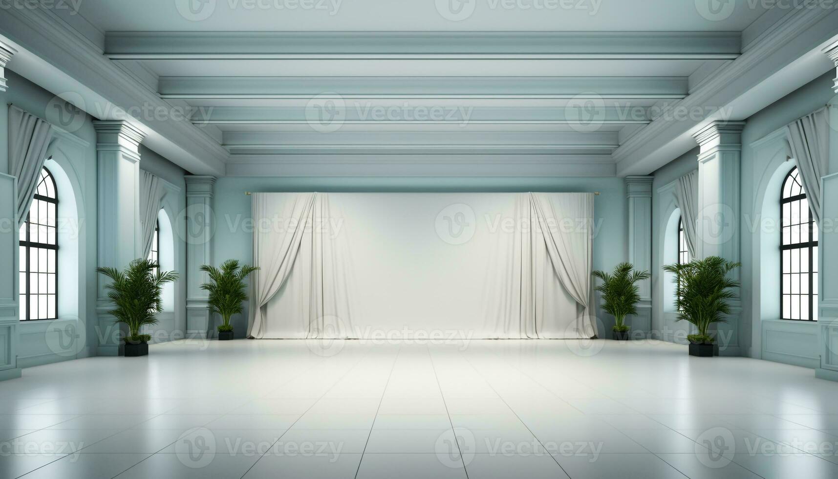 AI generated Modern apartment with bright blue backdrop, empty and elegantly designed generated by AI photo